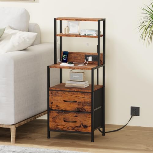Furnulem Night Stand, Tall Nightstand with 4-Tier Shelves, 2 Fabric Drawers