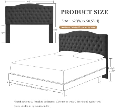 Furpopup Linen Queen Size Headboard Only, Upholstered Wall Mount, Dark Gray