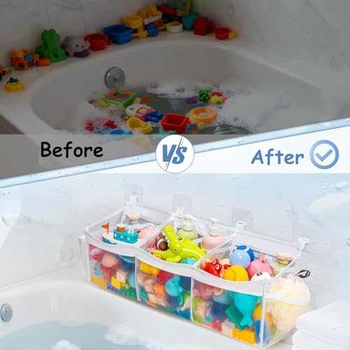 Extra Large Bath Toy Organizer with 3 Compartments and Multiple Pockets, Quick-Dry Mesh Bathtub Storage for Kids' Toys (White)