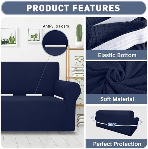 JIVINER Super Stretch Chair Slipcovers with Arms 1-Piece Jacquard Small Checks Living Room Armchair Covers Soft Anti Slip Sofa Couch Furniture Protector for Kids Pets (Navy Blue, Chair)