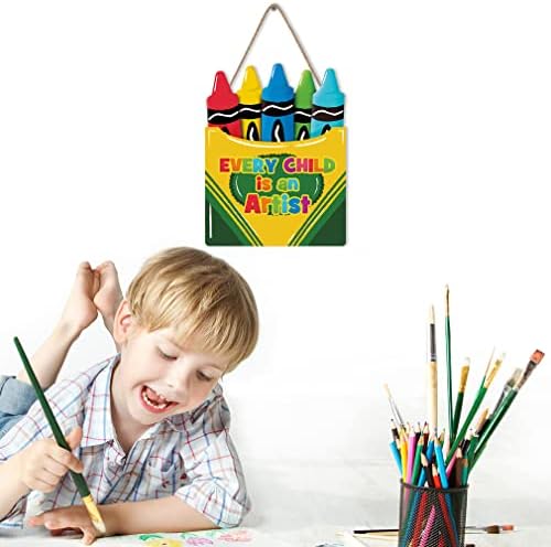LHIUEM Colorful Crayon Wood Sign Decor(10"X14") Inspirational Quote Every Child is an Artist Wall Art Multicolor Cartoon Pencil Positive Wooden Plaque for Kid Room Playroom Classroom Nursery
