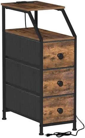 Tohomeor Narrow Dresser Tall Skinny Storage Tower Vertical Slim Chest of Drawers with Charging Station Small Nightstand Side Table for Bedroom, Bathroom, Small Spaces (Rustic Brown, 3 Drawers)