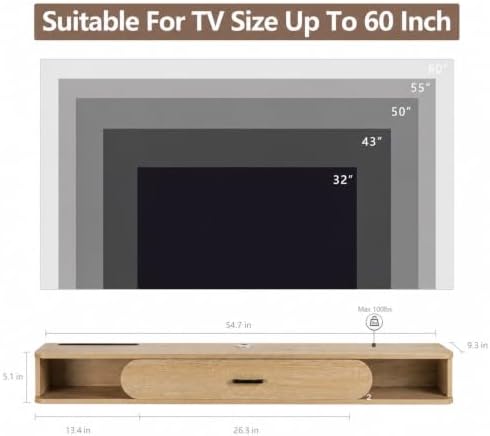 GHC Floating TV Stand, 65'' Wall Mounted TV Cabinet, Floating Shelves with Door, Media Console for DVD Player, Space-Saving Under TV Shelf for Bedroom & Living Room (Oak)