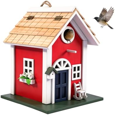 MEWANG Rustic Wooden Bird House for Outside - Hanging Colorful Bird Feeder Cottage, Unique Garden Decor Gift for Hummingbirds, Bluebirds & Wild Birds