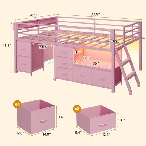 ADORNEVE Kids Low Loft Bed Full with 7 Drawers, Bookcase, Safety Guardrail