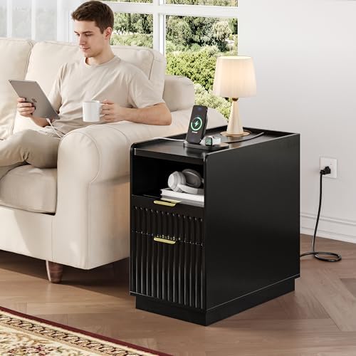 iPormis Fluted Narrow End Table with Charging, 2-Drawer Night Stand, Black