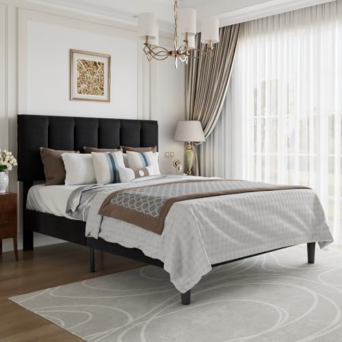 VECELO Full Size Bed Frame with Upholstered Headboard, Velvet & Black