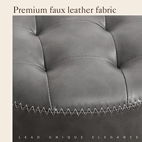 LUE BONA Faux Leather Vanity Stool Chair for Makeup Room, Grey Stool for Vanity, 19” Height, Tufted Small Vanity Chair with Metal Legs, for Bedroom, Living Room