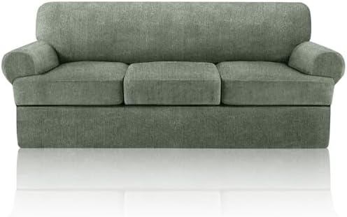 4 Piece T Cushion Sofa Slipcovers Stretch Couch Slip Cover for 3 Cushion Couch Sofa, Machine Washable for Living Room (Green, 3 Cushions)