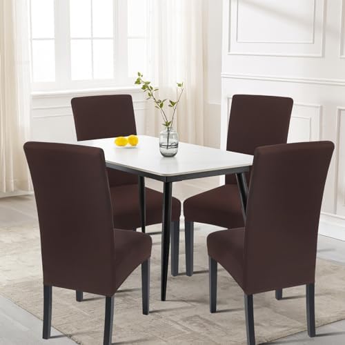 SearchI Chair Covers for Dining Room Set of 4, Stretch Solid Color Kitchen Parsons Chair Covers Washable Spandex Dining Chair Slipcovers Seat Protector for Hotel,Banquet,Ceremony (Chocolate)