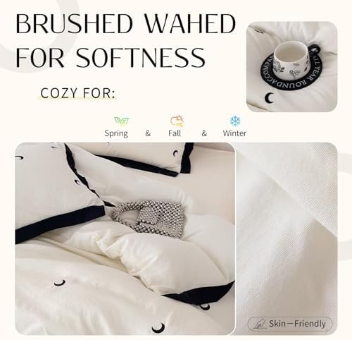 Beige Moon Duvet Cover Set Queen Size 3 Pcs(1 Duvet Cover with 2 Pillowcases),Soft Brushed Wash Fall Winter Warm Comforter Covers with Ruffles,Twin Bedding Set for Teen Girls 90"×90"