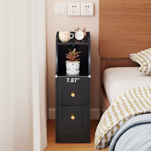 Ultra Narrow Nightstand Set of 2, Slim Bedside Table with Charging Station, 2 Drawers & Open Shelf, Mid-Century Modern End Table with Fenced Top for Living Room Bedroom (Black, 2)