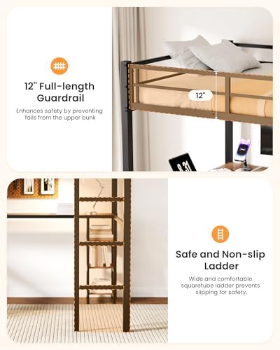 Full Loft Bed with Desk & Shelves for Teens/Adults, Guardrails, Ladder