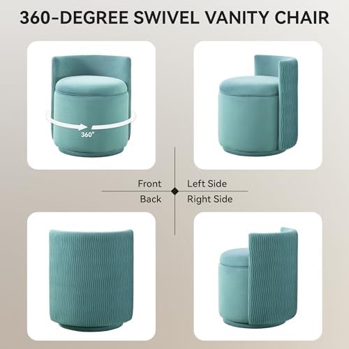WUTUTUEE Velvet Vanity Chair with Storage, 360° Swivel Makeup Chair with Wave Back, No Assembly Small Accent Stool for Bedroom, Dressing, Living Room, Teal