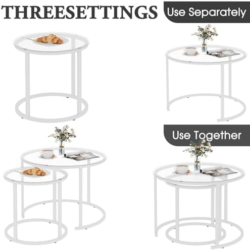 aboxoo White Nesting Glass Table Set of 2, Small Glass Round Nesting Tables for Living Room Bedroom, Accent Tea Table with Metal Frame Modern Industrial Simple