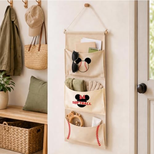 3-Pocket Hanging Wall Organizer, Baseball Theme Over Door Storage