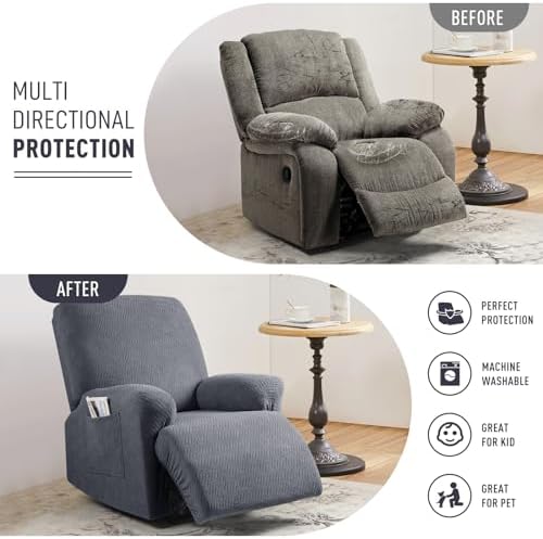 KinCam Recliner Covers, Stretch Reclining Chair Covers, Recliner Sofa Slipcovers Stripe Jacquard Recliner Couch Covers Furniture Protector Covers (1 XL Seater, Dark Gray)