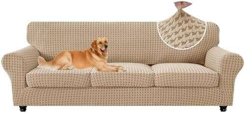 MAXIJIN 4 Pieces Stretch Oversized Couch Covers for 3 Cushion Sofa Covers Washable Sofa Slipcovers Thick Soft Furniture Protector with Non Slip Strap (Khaki), 91"-110"(3 XL Cushions)