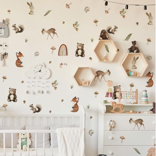 Woodland Animal Wall Stickers,Adorable Woodland Nursery Decals Decor,Animals Bear, Fox, Deer, Mushroom Peel and Stick Wall Decals ，Baby Nursery Kids Bedroom Living Room Decor