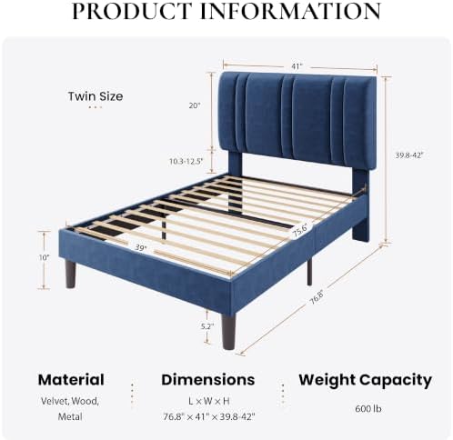 SHA CERLIN Twin Size Velvet Bed Frame with Adjustable Headboard, Blue