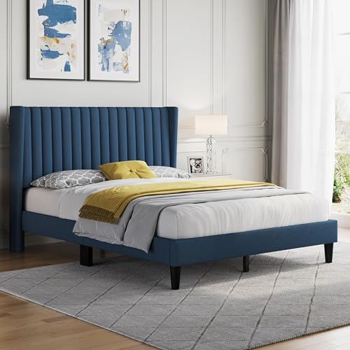Yaheetech Queen Bed Frame with Headboard, Navy Blue Channel-Tufted Platform