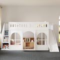 LUMISOL Full Size Wood Loft Bed with Slide and Storage Staircase, Solid Wood Playhouse Loft Bed with Wardrobe and Window, White