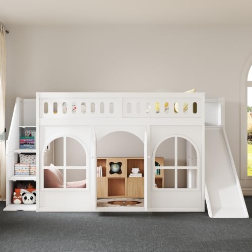 LUMISOL Full Size Wood Loft Bed with Slide and Storage Staircase, Solid Wood Playhouse Loft Bed with Wardrobe and Window, White