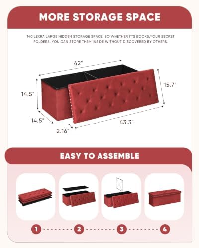 B FSOBEIIALEO Storage Ottoman Bench, 43" Velvet Ottoman With Storage, Red