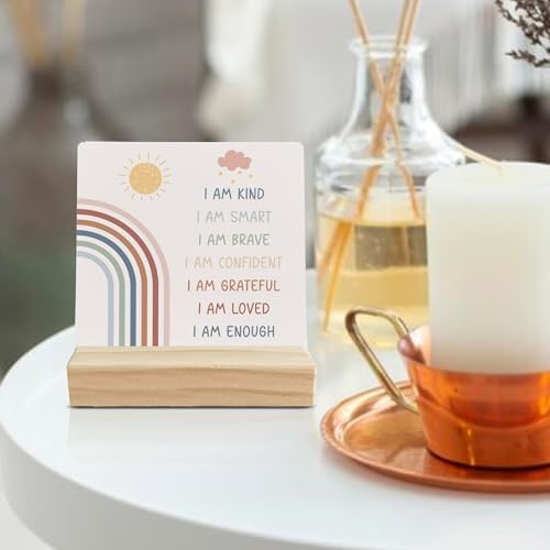 Inspirational Rainbow Desk Decor, Boho Wood Sign, Positive Affirmations Nursery Shelf, Motivational 'I Am Brave' Wooden Plaque With Stand for Kids Room