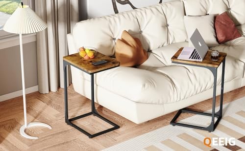 QEEIG C Shaped Side Table Set of 2 (11.8" Width, Brown)