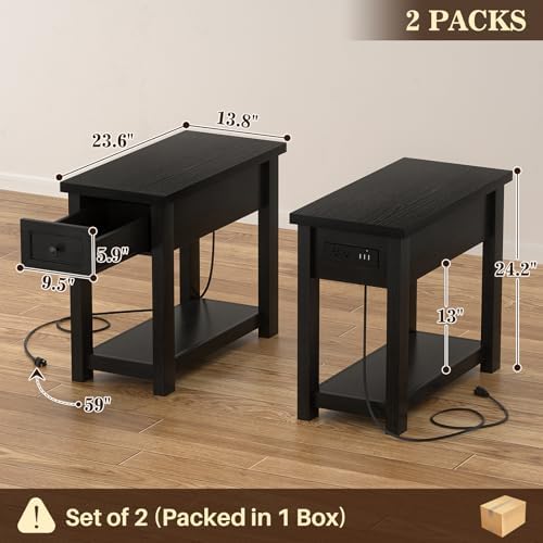 Farmhouse Narrow End Table Set of 2 with Charging Station, 13.8" Wide