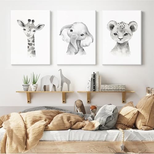 Safari Nursery Wall Art Decor Baby Animal Canvas Wall Art Baby Room Nursery Pictures Kids Artwork Safari Jungle Animal Prints Giraffe Elephant Tiger Painting for Bedroom 12x16x3 Inch Wrapped Canvas