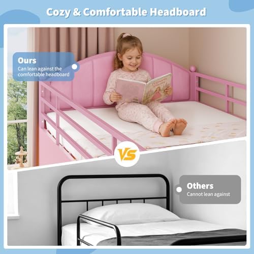 DICTAC Low Loft Bed Twin Size with 8 Storage Drawers, LED Lights, Twin Loft Bed with Upholsterd Headboard, Inclined Ladder&Play Curtain, Kids Loft Bed with Safety Guardrail, Under-Bed Play Area, Pink