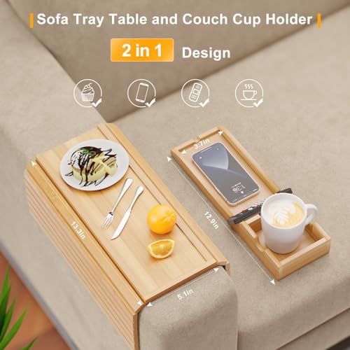 Bestjing 2 Pack Sofa Armrest Tray with Detachable Cup Holder Tray (Bamboo)