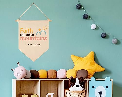 Christian Bible Verses Art-Scripture Flag Sign Gift for Baby Newborn Boys Girls Kids-Banner Pennant Wall Decor Present for Nursery Bedroom Playroom -Baby Gift Shower-Faith Can Move Mountains