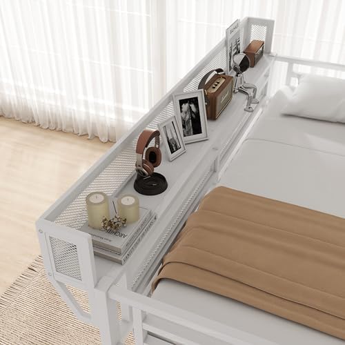 Queen Size Metal Loft Bed Frame with Desk, Staircase, Built-in Storage Shelves and Wardrobe, Modern Loft Bed with Solid Slat, Guardrail, No Box Spring Required, Easy Assembly, for Bedroom, White