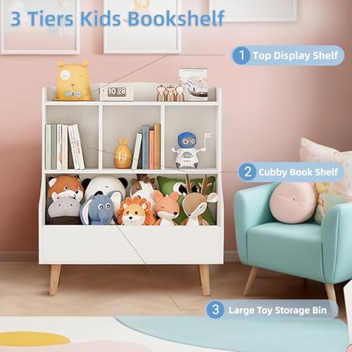Kids Bookshelf and Toy Storage Organizer, Montessori Nursery Book Shelves with 3 Tier Sling Rack & Fabric Toy Bins, Children Toddler Baby Bookshelf, Wooden Toy Shelf for Kids Room Playroom (Pearl)