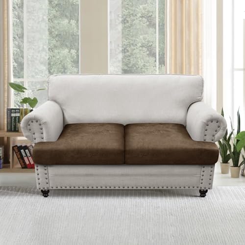 T Cushion Loveseat Sofa Cover Leather-Look 2PC Stretch Sofa Seat Cushion Slipcover Individual Couch Seat Covers with Elastic Bands, Pet-Friendly, Non-Slip, Easy Fit - Dark Brown
