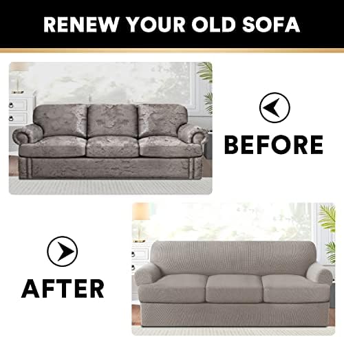 PrinceDeco T Cushion Sofa Slipcover 4 Pieces Sofa Covers for T Cushion Couch Soft Sofa Slip Covers Furniture Protector with 3 Individual T Shape Seat Covers Width Up to 88 Inch, Taupe