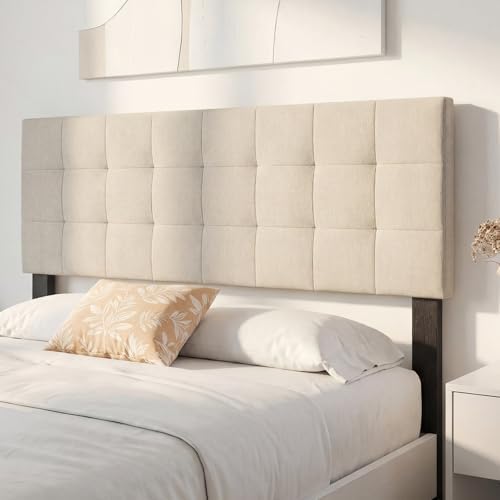 KOMFOTT Linen Upholstered Headboard for Full & Queen Size Bed, Quadrate Channel Tufted Rectangular Headboard with Solid Wood Legs & Adjustable Width, Padded Bed Backboard, Easy Assembly (Beige)