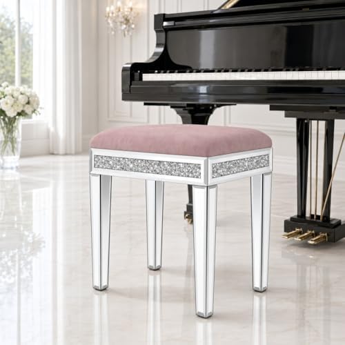 Vanity Stool with Storage Mirrored Legs, Velvet Cushioned Ottoman, Hidden Compartment, Sparkling Diamond Trim, Glam Makeup Chair & Piano Bench (Dusty Pink)