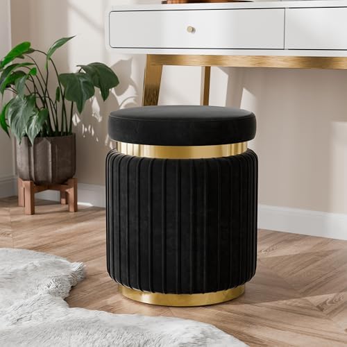 Furniture of America Magnus Modern 15-inch Upholstered Round Ottoman with Gold Trim and Stainless Steel Base, Vanity Stool Chair, Small Foot Stool for Bedroom, Living Room, Entryway, Black