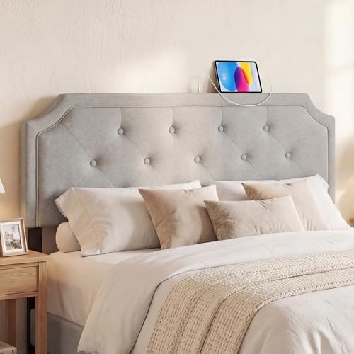 KOMFOTT Upholstered Headboard with Charging Station for Full & Queen Size Bed Frame, Tufted Button Bed Headboard with Solid Rubber Wood Legs, Headboard with Adjustable Width, Grey