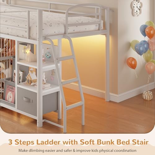 Twin Low Loft Bed, Kids Loft Bed, Storage Drawers, LED Lights, White Gray