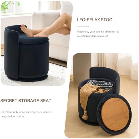 360° Swivel Makeup Chair with Storage, Upholstered Accent Stool with Back, Round Vanity Stool Ottoman for Living Room, Makeup Room, Bedroom (Black)