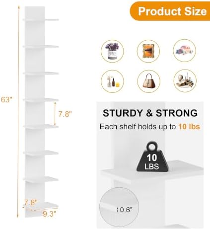 Qupui 8 Tier Wall Shelf Unit, 63 Inch Floating Storage, 9.3 Inch Wide,White