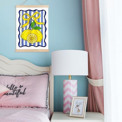 FDHSPAAM Coquette Yellow Bow Lemon Wall Art Decor, Lemon Home Decor, Blue and White Striped Fruit Wall Art Posters for Kitchen Dining Room Living Room Home, 12x16 Inch