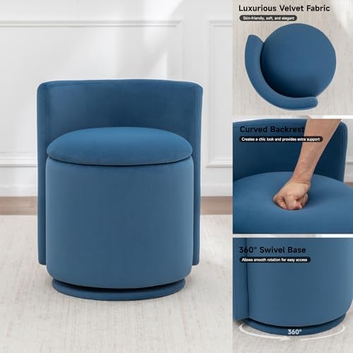 MINCETA Vanity Chair with Storage, 360° Swivel Accent Chair, Blue