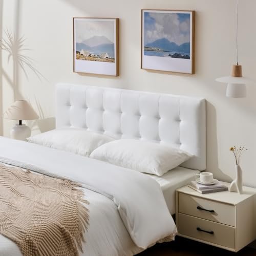 Linen Stitched Tufted King Headboard, Adjustable Height 37.2-42.3 in, White