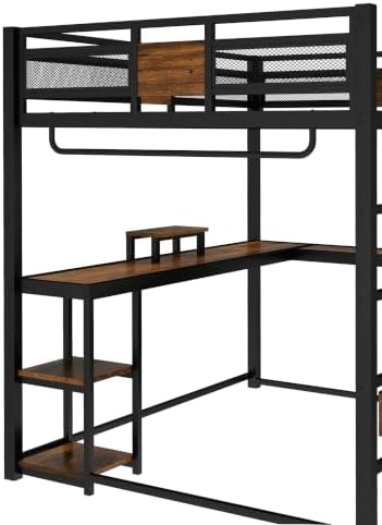 Queen Loft Bed with Desk, 2 Fabric Drawers and 2 Storage Shelves, Metal Heavy Duty Queen Size Loft Bed for Adults, Teens, No Box Spring Needed, Black